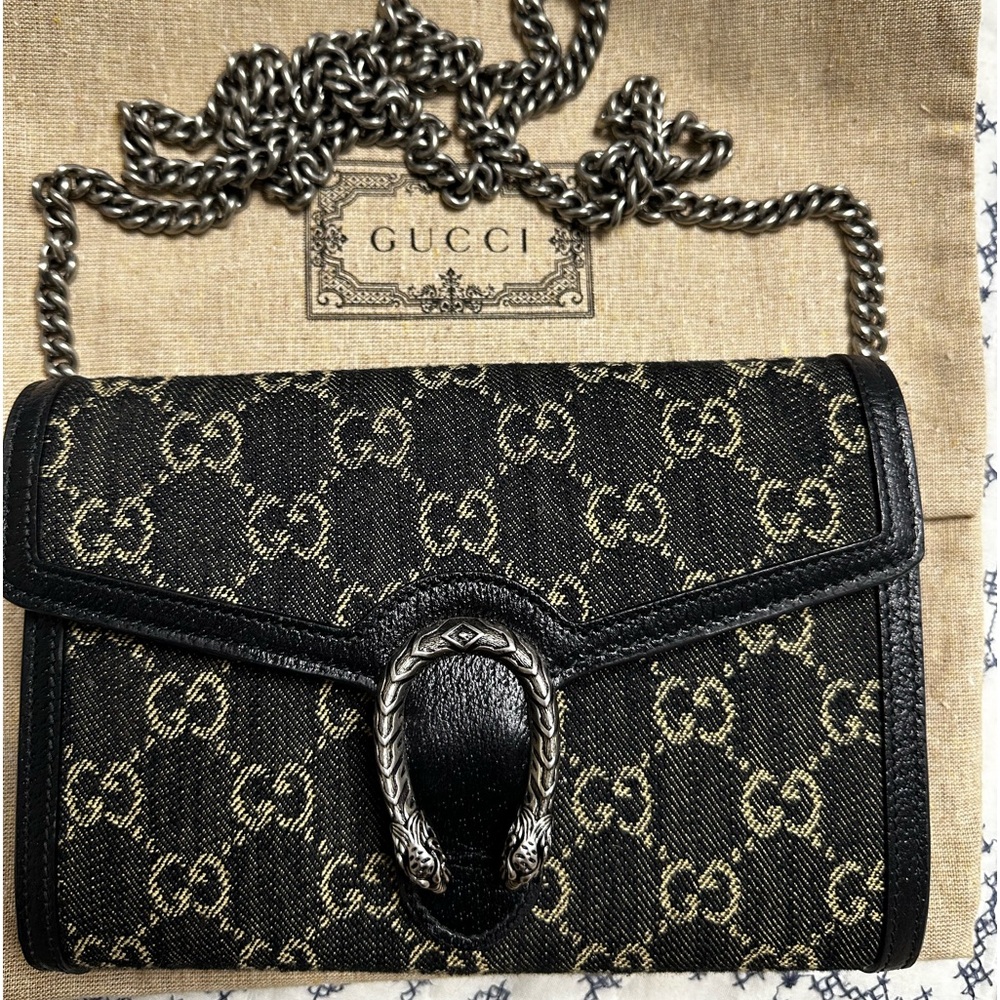 Jacquard Black Denim GG Monogram Mini Dionysus Chain Wallet Black Ivory
